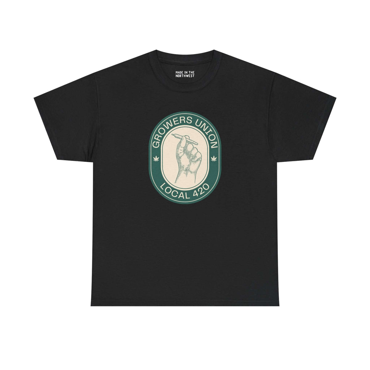 Grower's Union Local 420 athletic tee featuring a hand illustration and bold logo, perfect for cannabis culture enthusiasts.