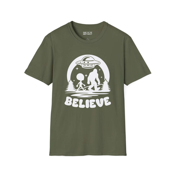 Believe in Aliens and Bigfoot Softstyle T-Shirt featuring Sasquatch and an alien graphic in a fun design.