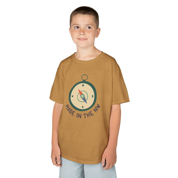Kid wearing Made in the Northwest heavy cotton tee with compass design, showcasing PNW pride.