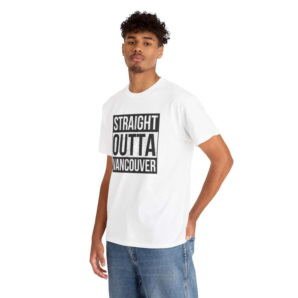 Man wearing a white 'Straight Outta Vancouver' athletic tee, showcasing urban style and city pride.