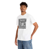 Man wearing a white 'Straight Outta Vancouver' athletic tee, showcasing urban style and city pride.