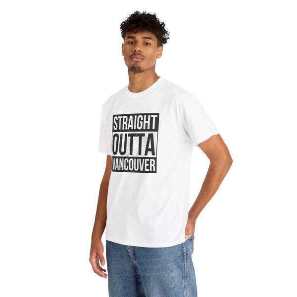 Man wearing a white 'Straight Outta Vancouver' athletic tee, showcasing urban style and city pride.
