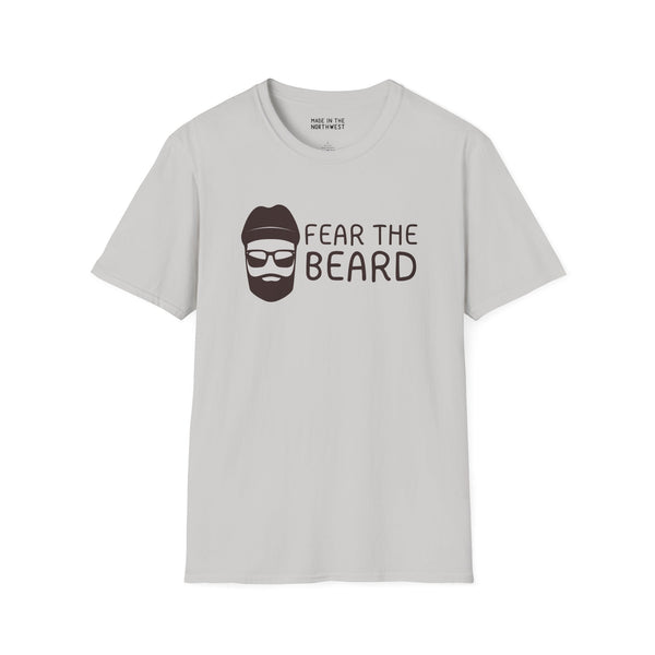 Fear the Beard Lumberjack Softstyle T-Shirt featuring a fun beard graphic in black on a light gray background.