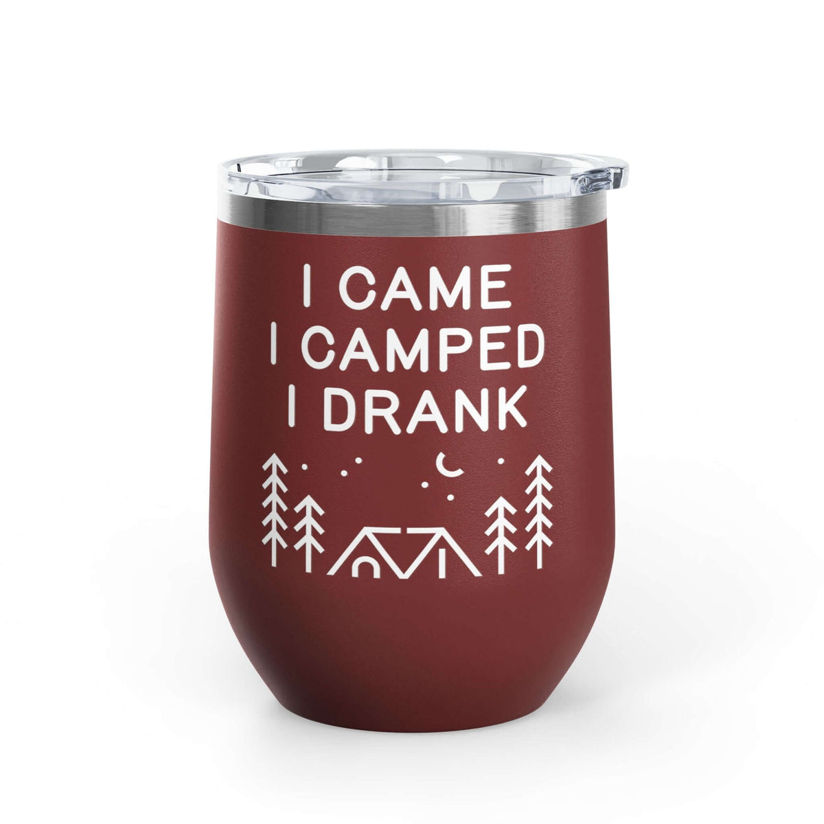 I Came, I Camped, I Drank Camping  Outdoor Wine Tumbler 12 oz in burgundy color with camping graphics.