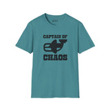 Captain of Chaos Orca Softstyle T-Shirt featuring playful design on a teal background.