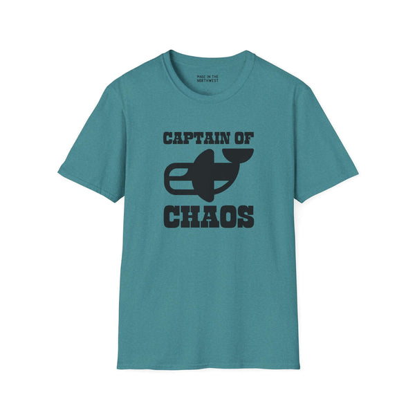 Captain of Chaos Orca Softstyle T-Shirt featuring playful design on a teal background.