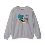 Grey sweatshirt with skeleton illustration, wearing a blue beanie, holding a coffee mug, with 