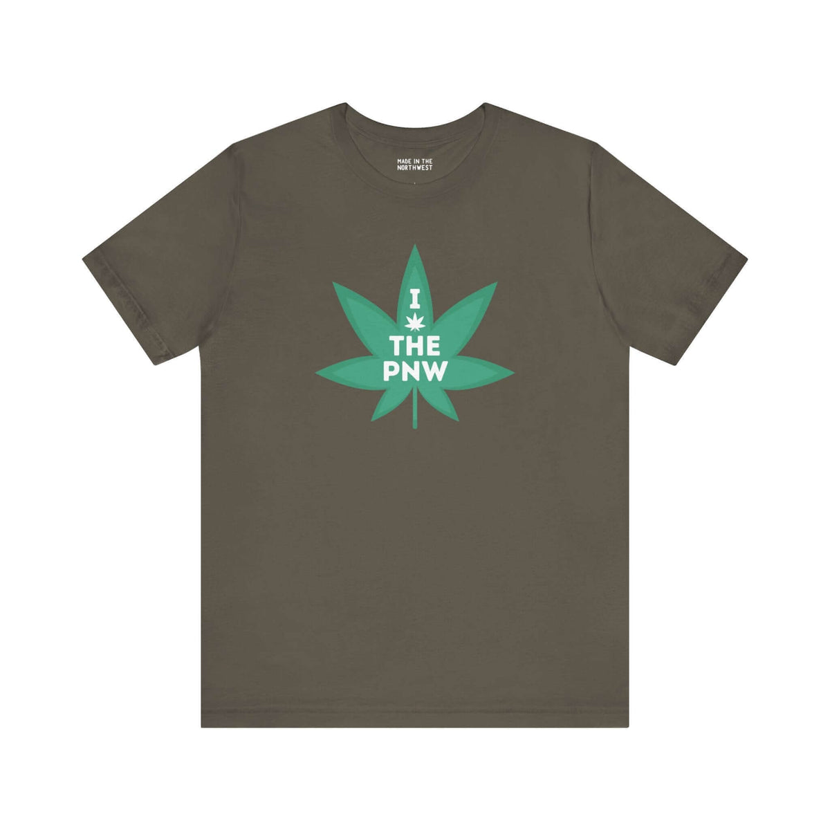 Green tee with "I (Weed) the PNW" design, featuring a marijuana leaf, celebrating Pacific Northwest laid-back vibes.