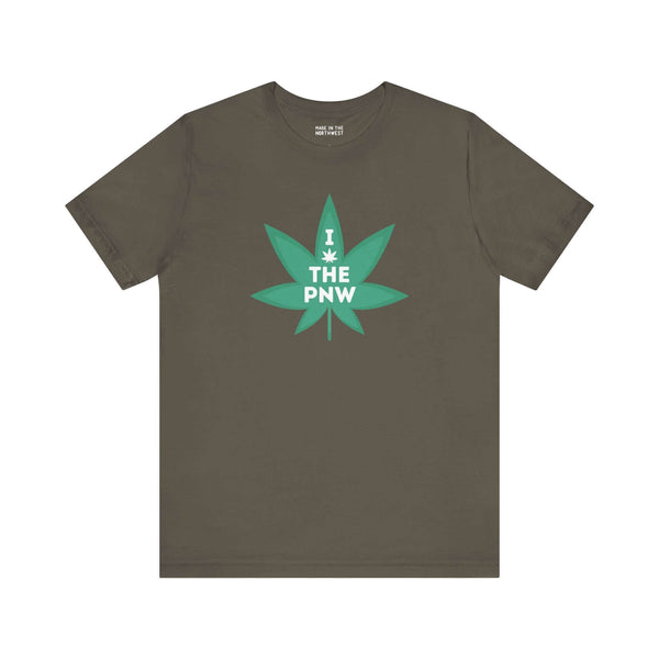 Green tee with "I (Weed) the PNW" design, featuring a marijuana leaf, celebrating Pacific Northwest laid-back vibes.