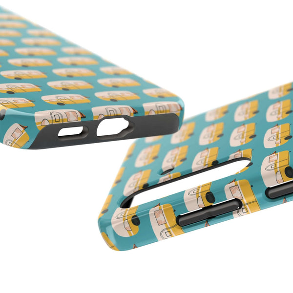 Happy Camper tough phone case with vintage camper design, perfect for travelers and adventure lovers.