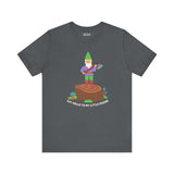 Funny t-shirt featuring a gnome with an axe, saying 'Say hello to my little friend' on a dark background.