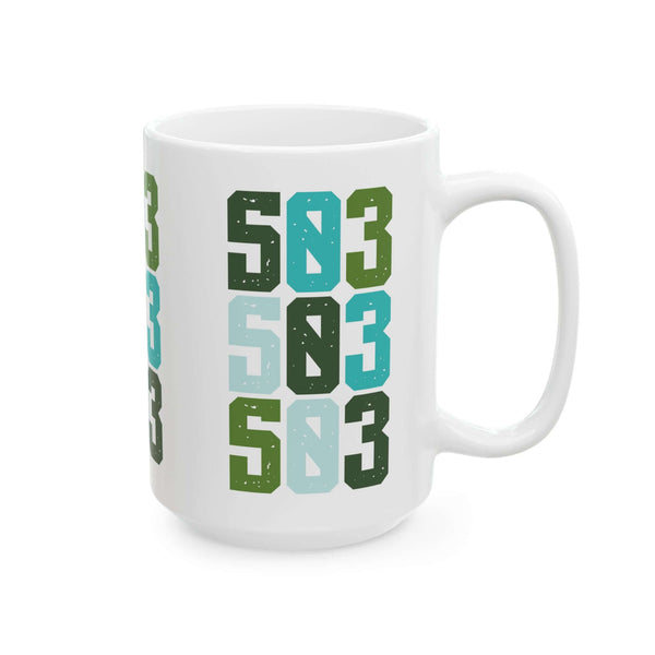 Five-Oh-Three Pop ceramic mug featuring colorful stacked 503 design inspired by Portland's vibrant culture.