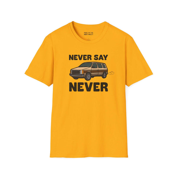 Never Say Never Vintage Van Softstyle T-Shirt in yellow with Dodge Caravan graphic.