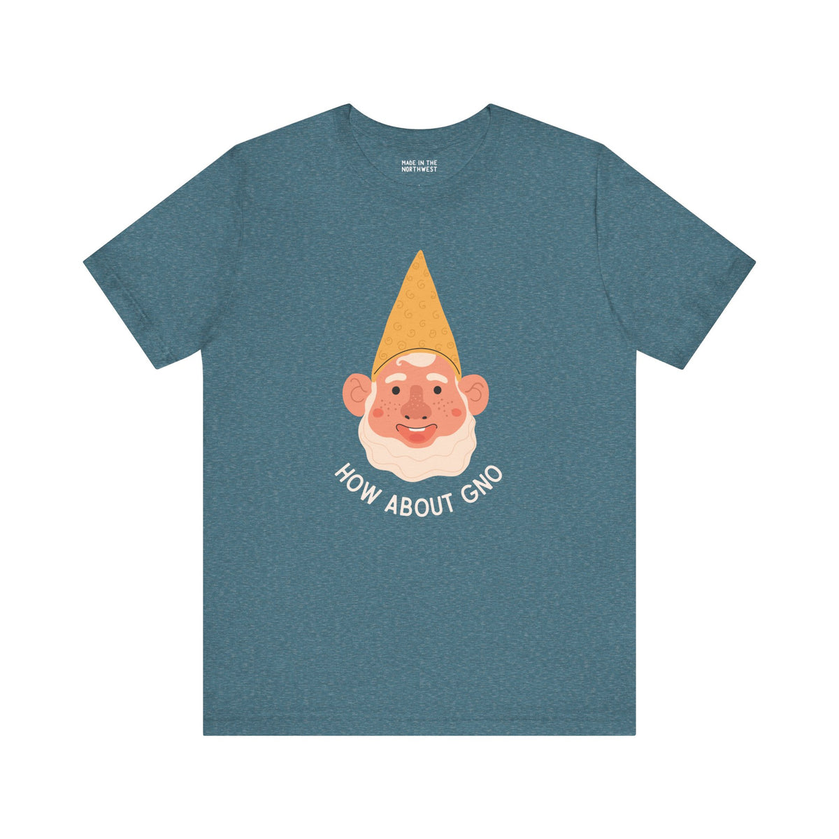 Blue tee featuring a playful gnome graphic and the text 'How About Gno', perfect for gnome lovers.