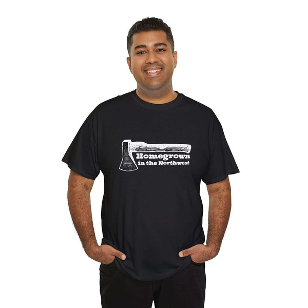 Man wearing a black "Homegrown in the Northwest" tee with an axe graphic, celebrating Pacific Northwest spirit and heritage.