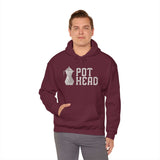 Man wearing a maroon hoodie with Moka pot graphic and 