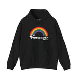 Retro Vancouver Pride hoodie with rainbow design, showcasing LGBTQ+ pride and self-expression.