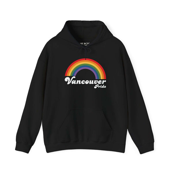 Retro Vancouver Pride hoodie with rainbow design, showcasing LGBTQ+ pride and self-expression.