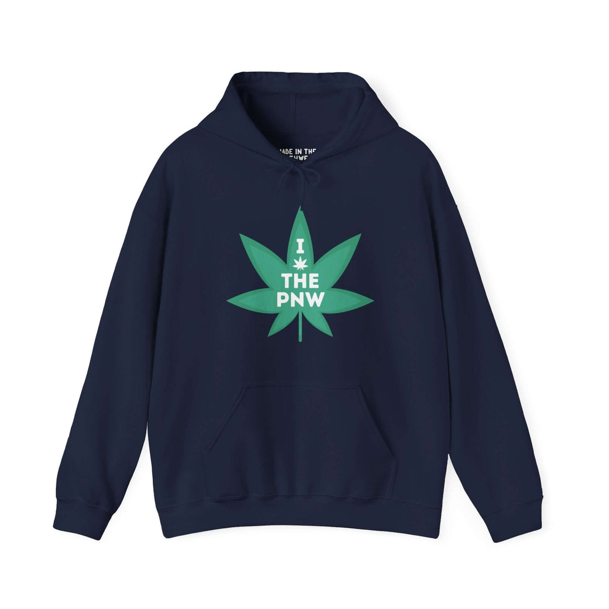 "Chronic PNW Love Hoodie featuring green marijuana leaf graphic with 'I the PNW' text"