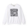 White sweatshirt with 'Straight Outta Portland' graphic, showcasing local pride and streetwear style.