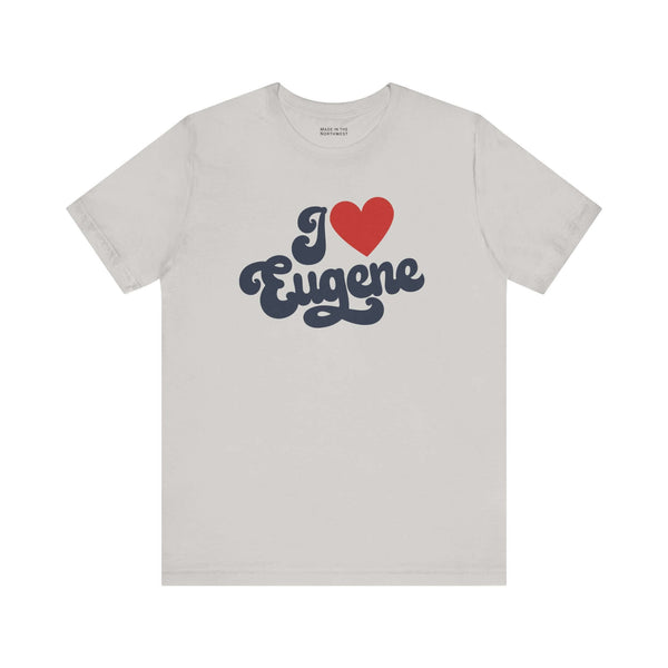 I love Eugene t shirt featuring a cursive design with a red heart, showcasing Oregon hometown pride.