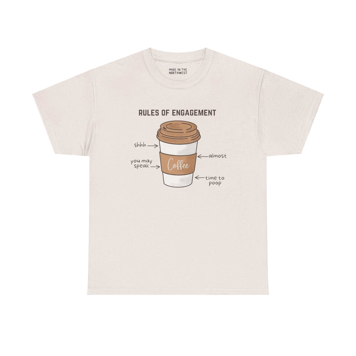 Coffee Edition Athletic Tee with "Rules of Engagement" design and coffee cup illustration, perfect for coffee lovers.