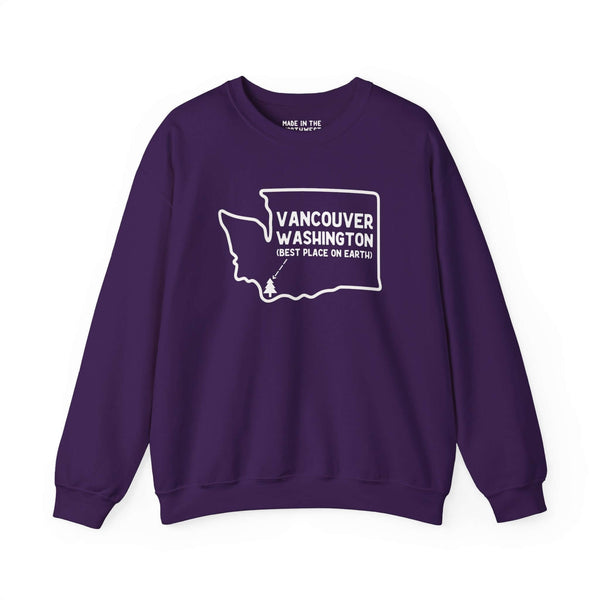 Vancouver Washington sweatshirt with state outline and tree icon, showcasing 'Best Place on Earth' slogan in purple.