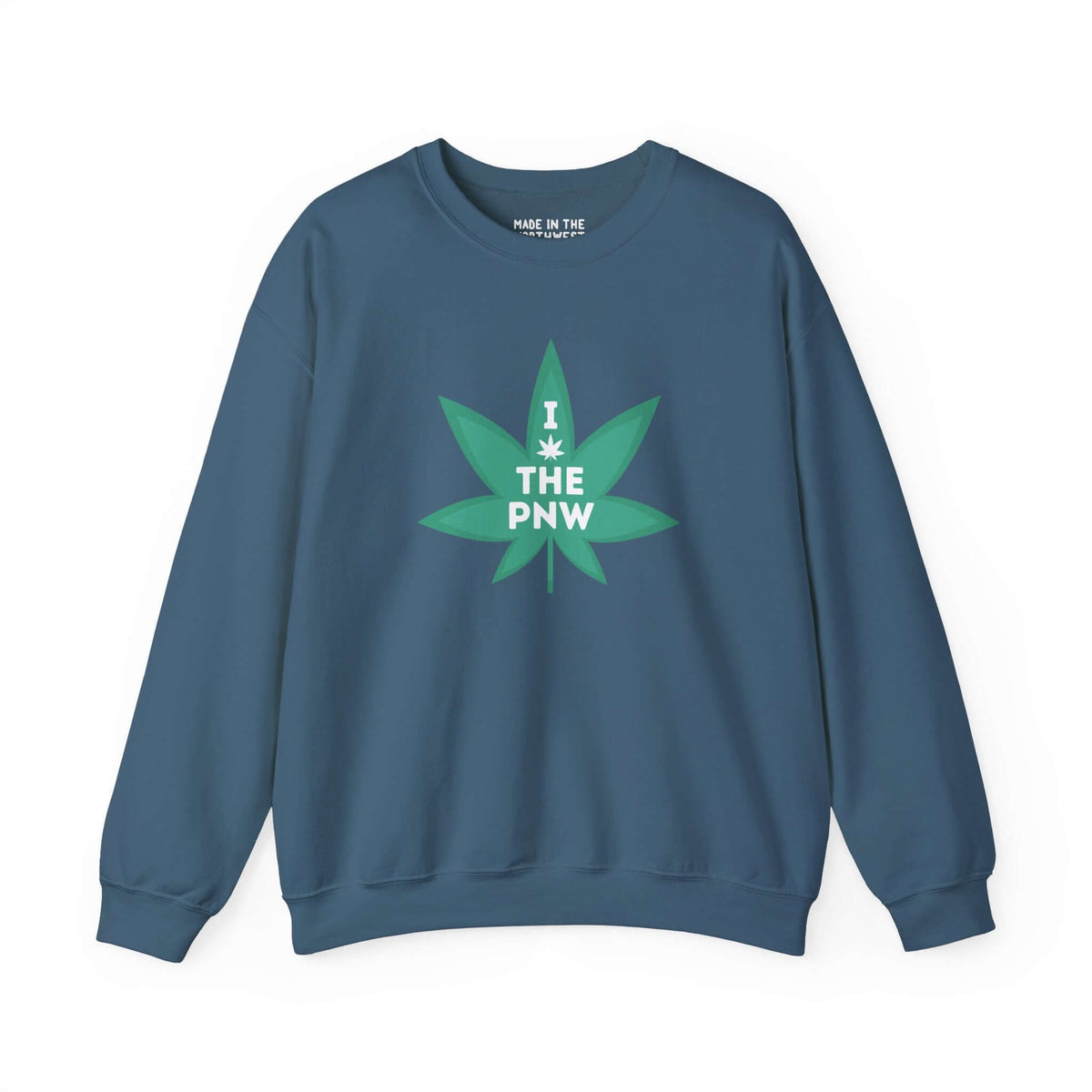 Chronic PNW Love Sweatshirt featuring a green marijuana leaf graphic on a blue background.