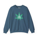 Chronic PNW Love Sweatshirt featuring a green marijuana leaf graphic on a blue background.