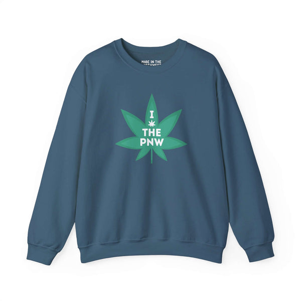 Chronic PNW Love Sweatshirt featuring a green marijuana leaf graphic on a blue background.