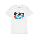 Believe in Yourself Kids T Shirt featuring colorful lettering on a white shirt.