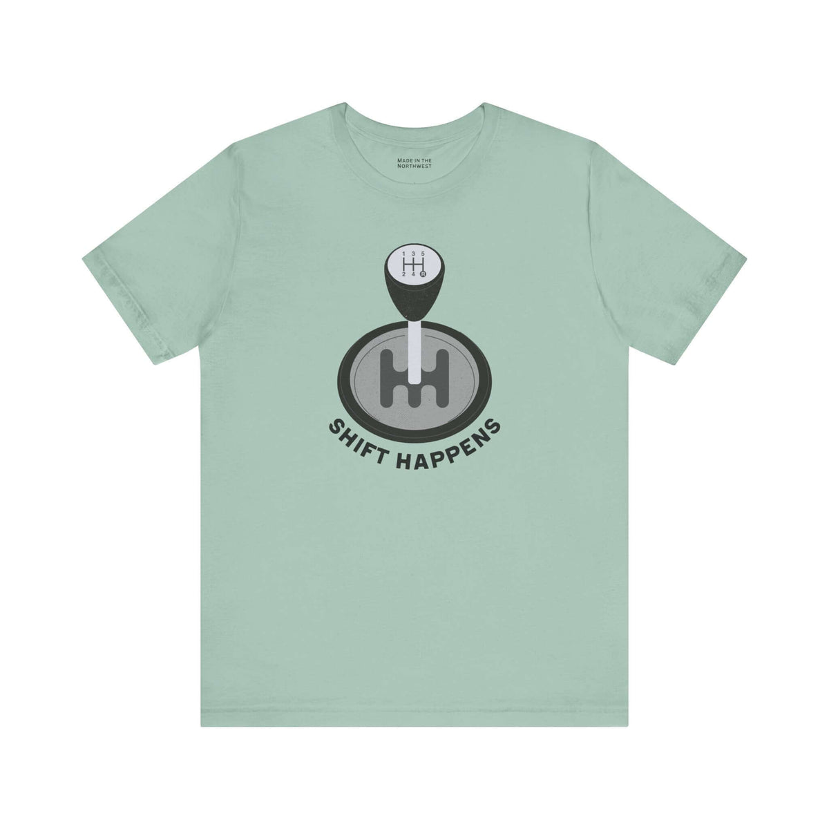 Shift Happens T Shirt featuring a manual gearshift and playful design for car enthusiasts.