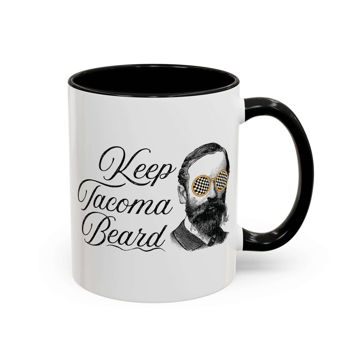 Keep Tacoma Beard Ceramic Coffee Mug featuring a bearded man in sunglasses design.