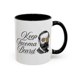 Keep Tacoma Beard Ceramic Coffee Mug featuring a bearded man in sunglasses design.