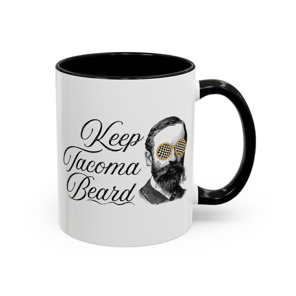 Keep Tacoma Beard Ceramic Coffee Mug featuring a bearded man in sunglasses design.