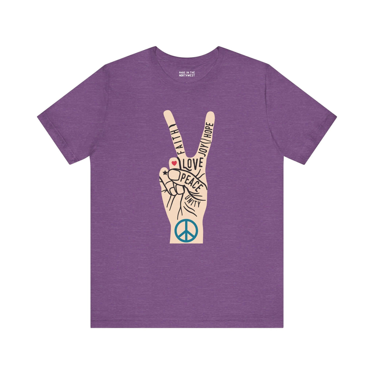 Power in Peace Premium Soft Tee featuring a hand peace sign with words of love, faith, and unity in purple.