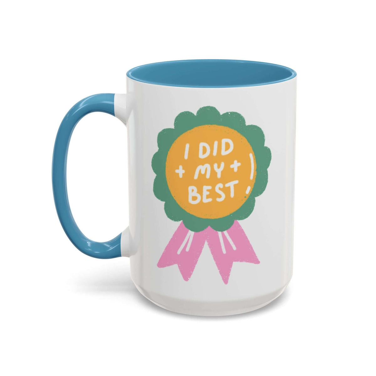 Bright ceramic I Did My Best Mug with colorful ribbon design and playful interior.