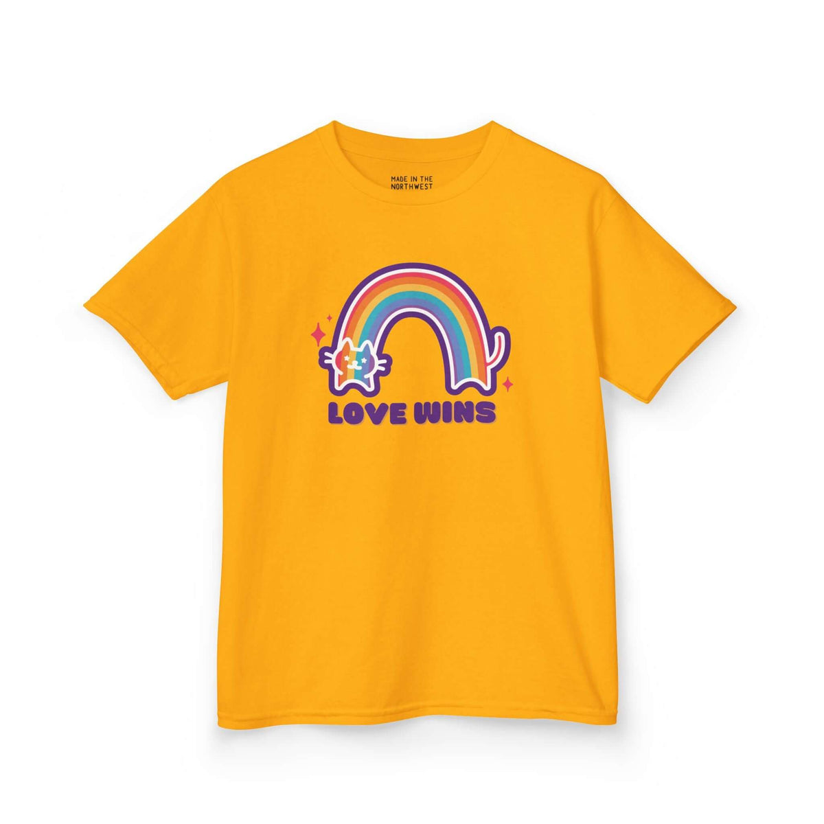 Kids' yellow Love Wins tee featuring a rainbow and cat design, promoting kindness and joy in everyday wear.