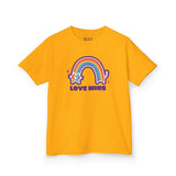 Kids' yellow Love Wins tee featuring a rainbow and cat design, promoting kindness and joy in everyday wear.