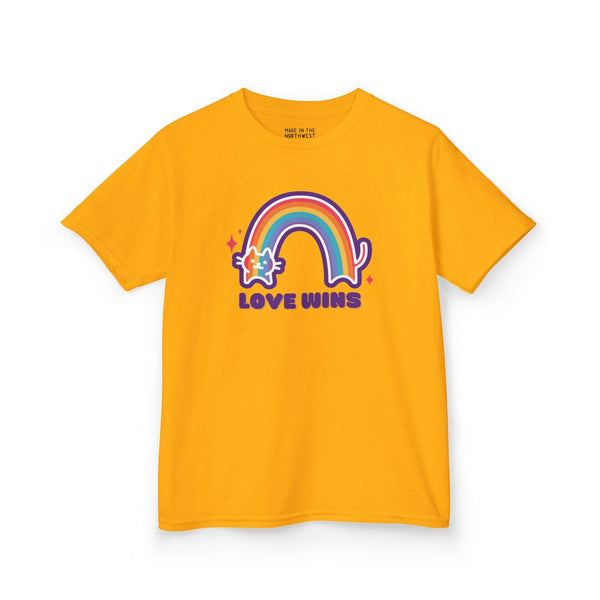 Kids' yellow Love Wins tee featuring a rainbow and cat design, promoting kindness and joy in everyday wear.
