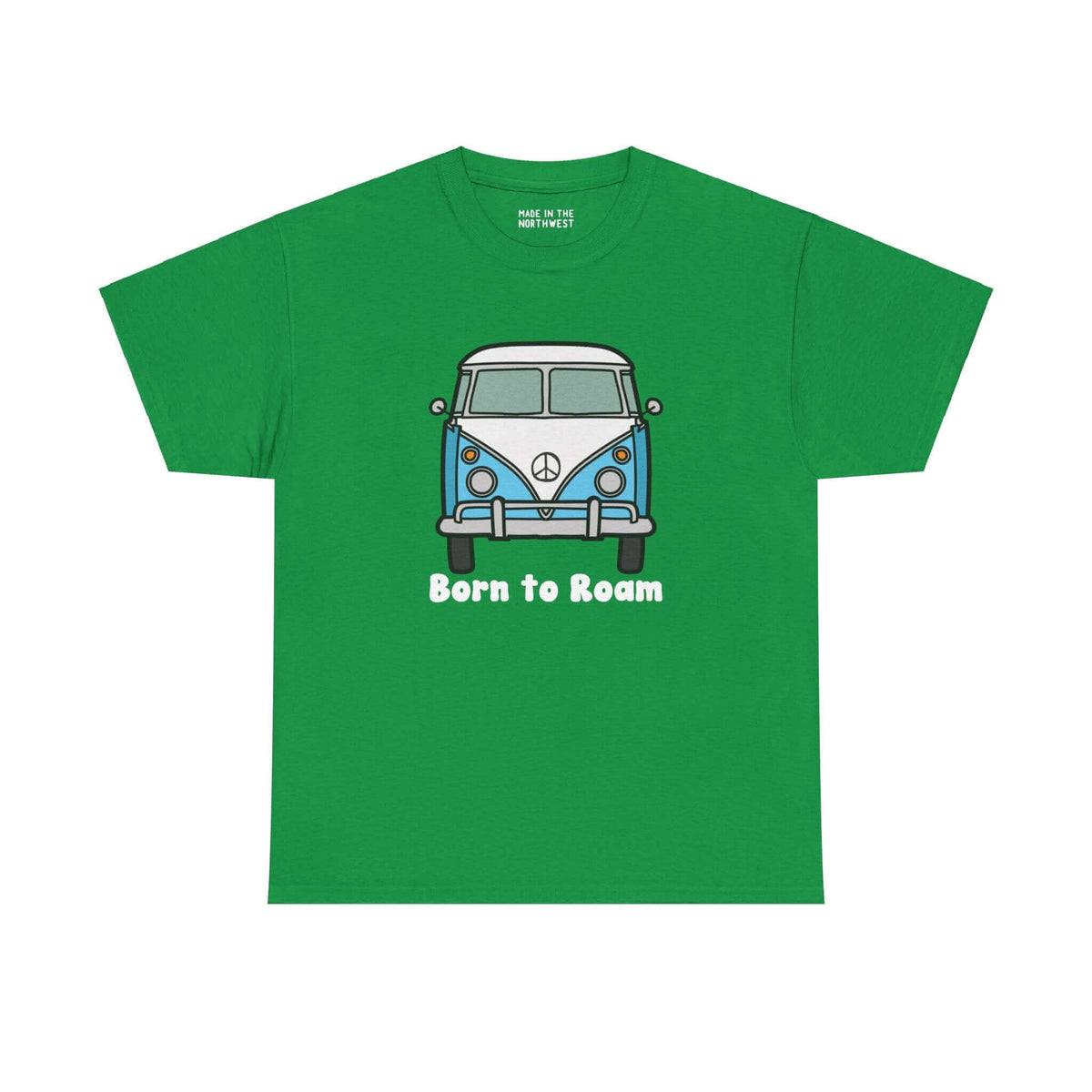 Green "Born to Roam" tee with van design and peace sign, perfect for free spirits and road trip enthusiasts.