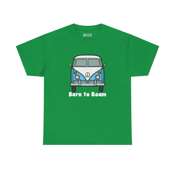 Green "Born to Roam" tee with van design and peace sign, perfect for free spirits and road trip enthusiasts.