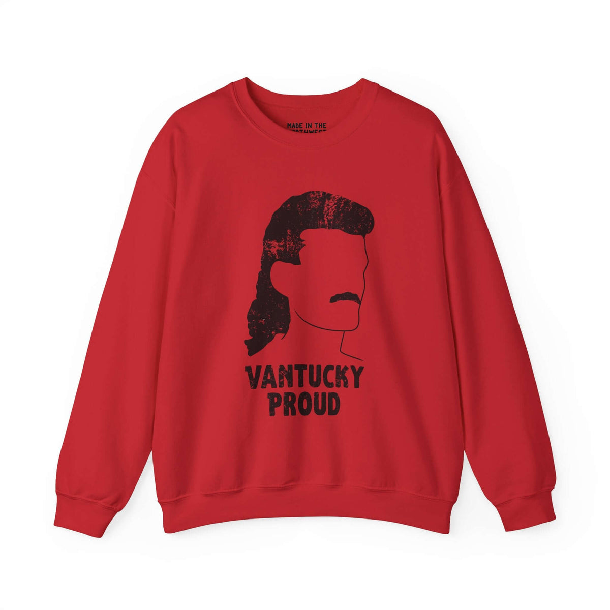 Red sweatshirt featuring "Vantucky Proud" text and stylized silhouette graphic, showcasing bold Vantucky attitude.