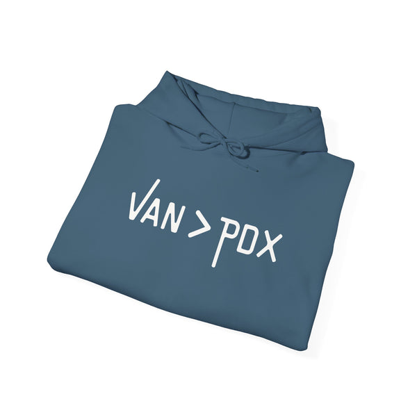 Cozy VAN > PDX hoodie showcasing the Vancouver over Portland design in blue, perfect for urban outdoor enthusiasts.