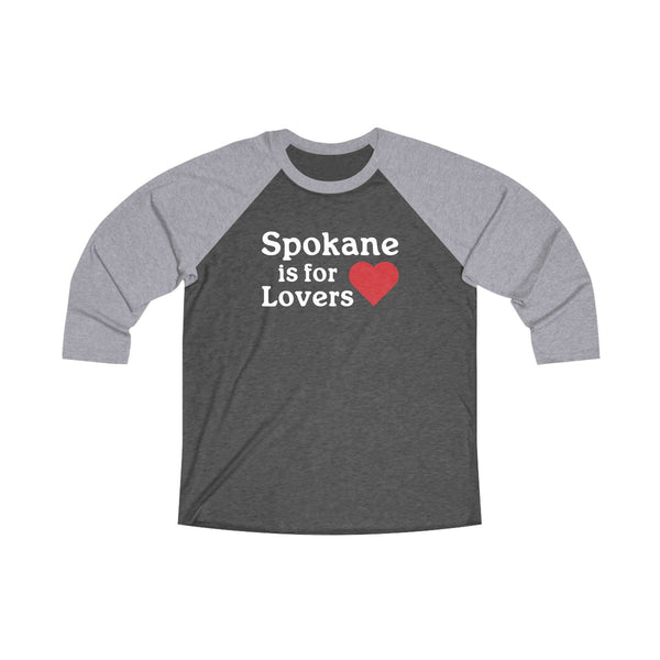 "Spokane is for Lovers 3/4 Raglan Tee with heart graphic, featuring gray sleeves and black body"