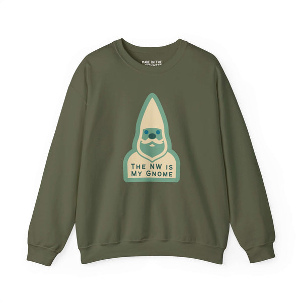 NW Is My Gnome sweatshirt in olive green featuring a playful gnome design, perfect for Pacific Northwest lovers.