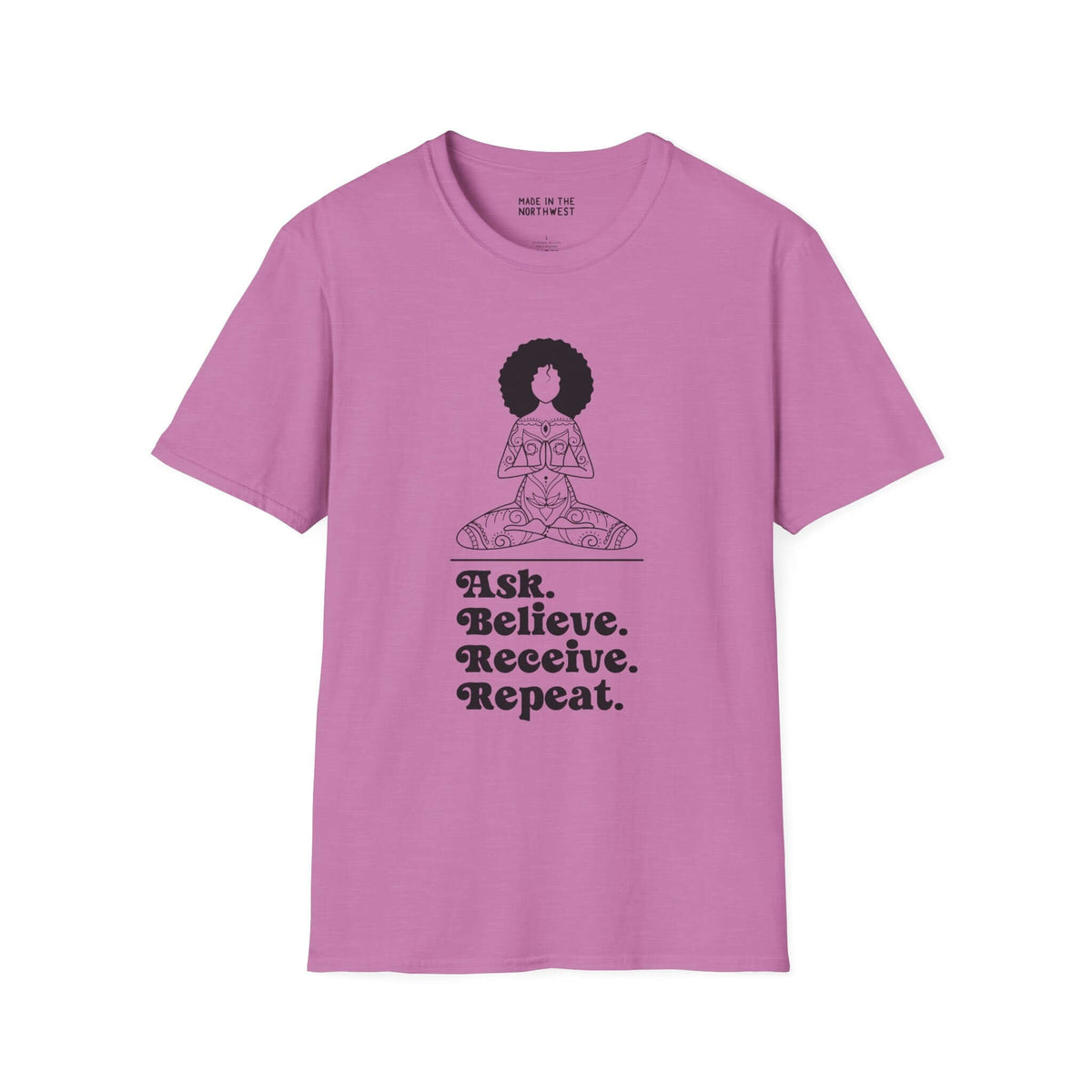 Ask Believe Receive Repeat Softstyle T-Shirt featuring a serene graphic of a woman in a positive design.