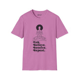 Ask Believe Receive Repeat Softstyle T-Shirt featuring a serene graphic of a woman in a positive design.