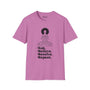 Ask Believe Receive Repeat Softstyle T-Shirt featuring a serene graphic of a woman in a positive design.