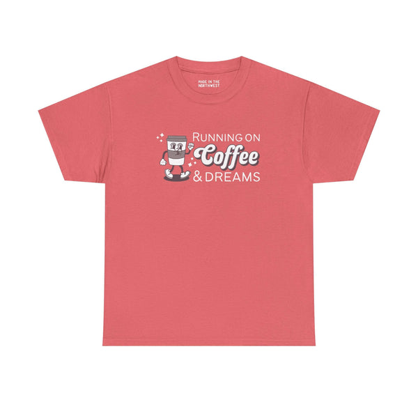 Running on Coffee and Dreams athletic tee in coral with vintage coffee cup illustration.